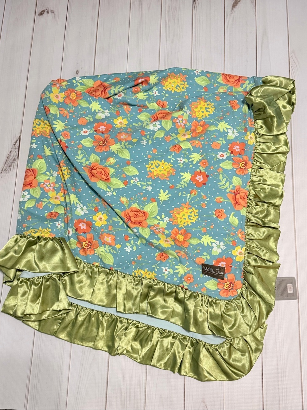Matilda Jane Blue Floral Throw with Orange Roses and Olive Satin Ruffle